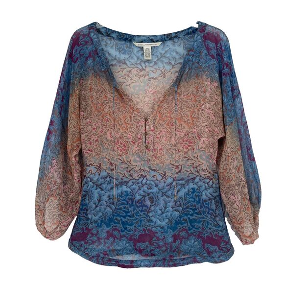 Diane Von Furstenberg Silk Peasant Blouse SIZE 4 Sheer Boho Art to Wear Peelo - Picture 1 of 12